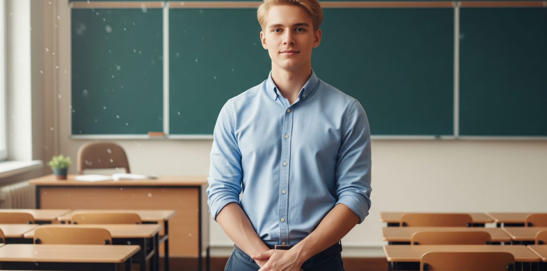 First Year Teacher standing in front of chalk board in an empty classroom