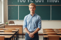 First Year Teacher standing in front of chalk board in an empty classroom