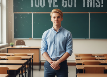 First Year Teacher standing in front of chalk board in an empty classroom