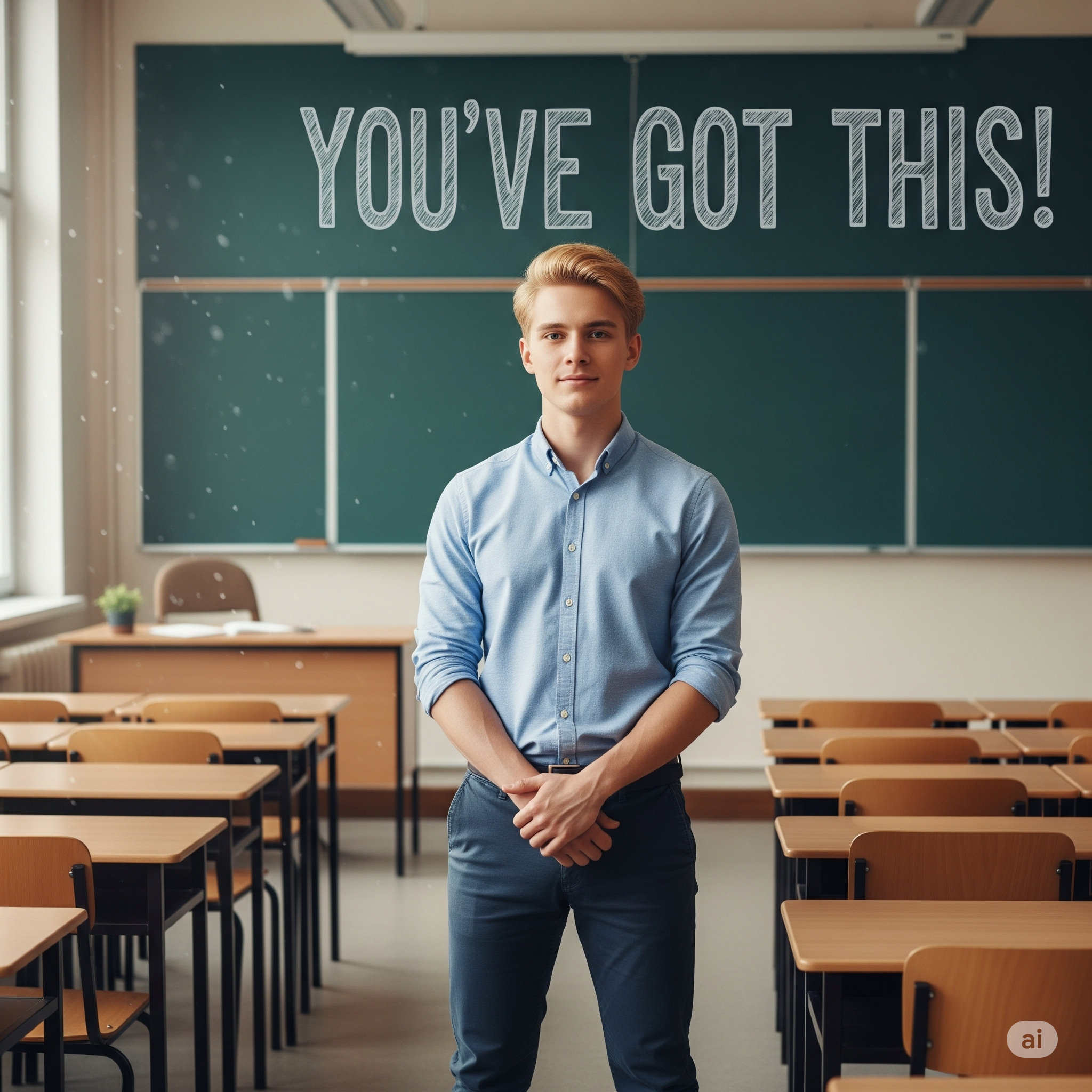 First Year Teacher standing in front of chalk board in an empty classroom